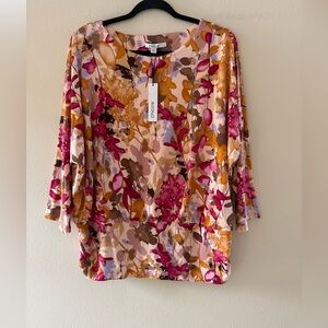 Chico's Pink Floral Blouse with Mustard & Magenta Accents NEW